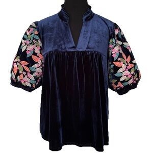 Whimsigoth Dark Romance Embroidered Velvet Puff Sleeve Top Navy Blue Floral